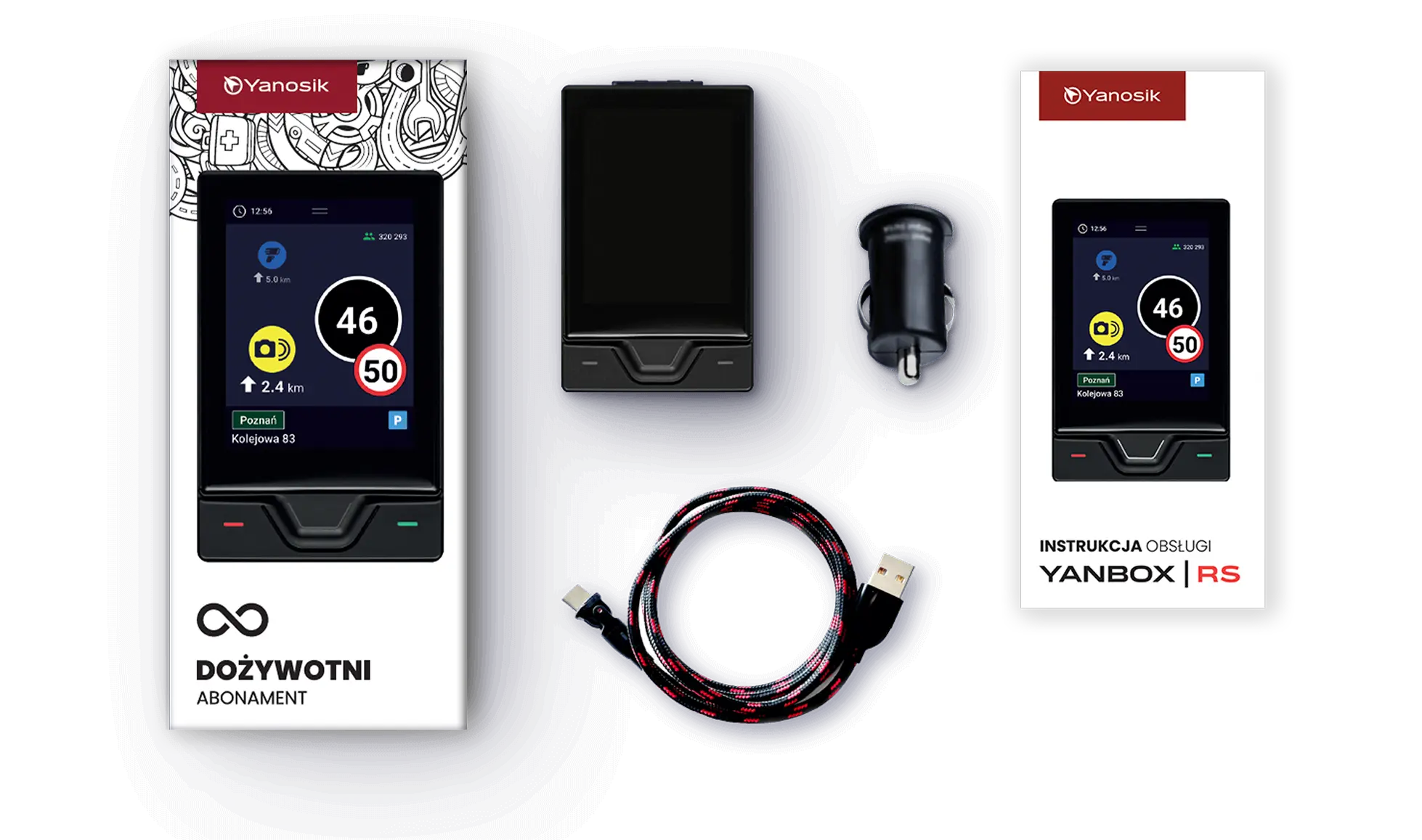 Zdjęcie przedstawiające część zawartości opakowania urządzenia YANBOX RS. Urządzenie YANBOX RS, kabel USB-C, rzep mocujący.