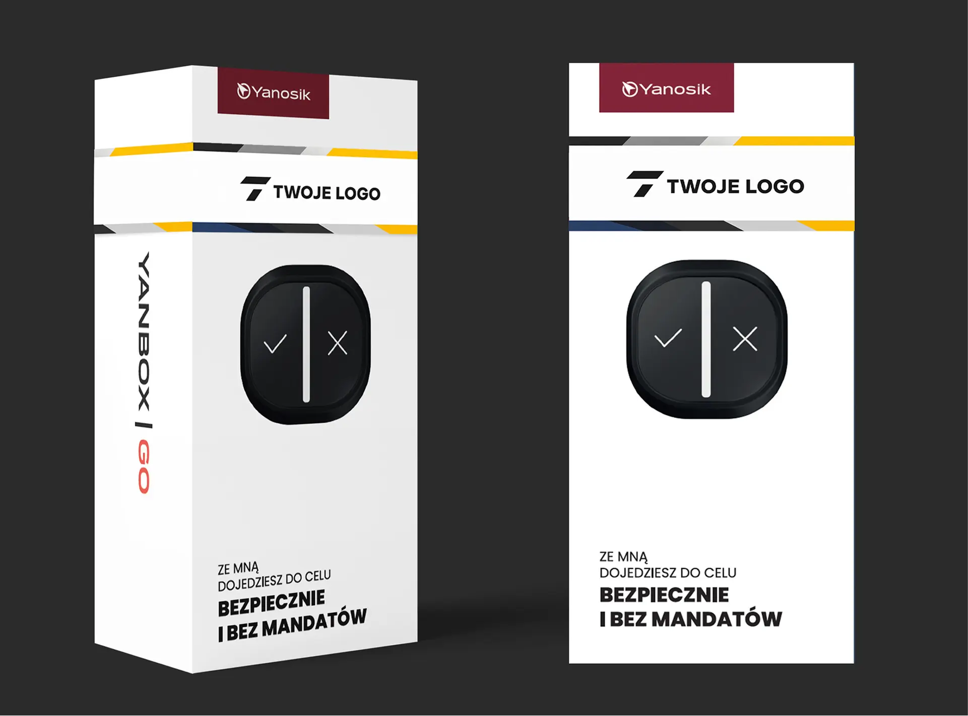Mockupy opakowań obrandowanego urzadzenia YANBOX GO z napisem 'Twoje logo'