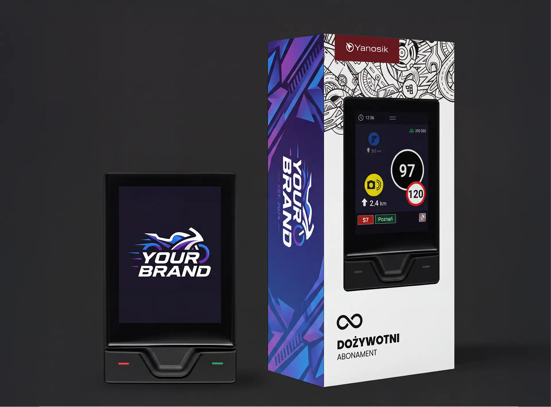 Mockupy opakowań obrandowanego urzadzenia YANBOX GO z napisem 'Twoje logo'